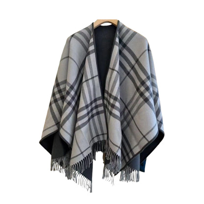 Burberry Reversible Check Cape – Grey Wool Fringe Wrap Poncho