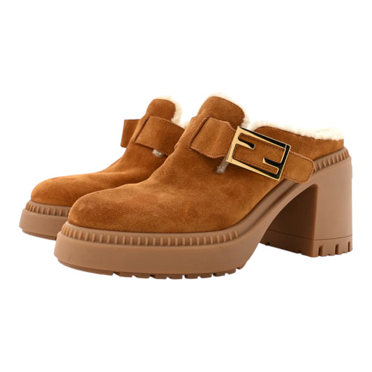 FENDI Suede Shearling Clog Heel