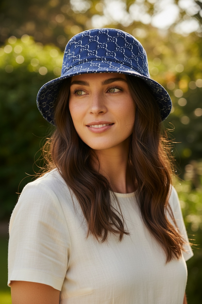 Gucci Shadow Bucket Hat Navy GG Monogram Cotton Designer Hat Unisex Authentic Luxury Bucket Hat