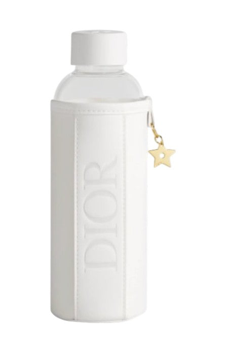Dior Beauty White Water Bottle with Faux Leather Sleeve & Gold Star Charm