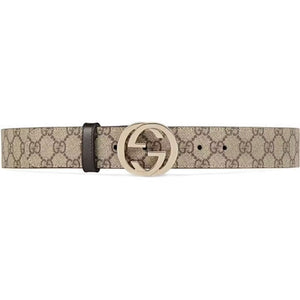 Gucci Interlocking GG Supreme Belt Beige/Ebony Canvas Leather Belt Pale Gold Interlocking G Buckle