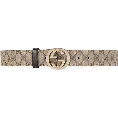 Gucci Interlocking GG Supreme Belt Beige/Ebony Canvas Leather Belt Pale Gold Interlocking G Buckle