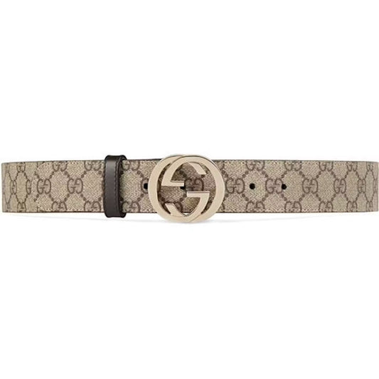 Gucci Interlocking GG Supreme Belt Beige/Ebony Canvas Leather Belt Pale Gold Interlocking G Buckle