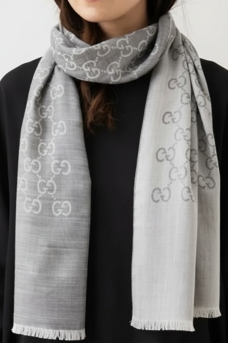 Gucci GG Grey Logo Silk Wool Reversible Scarf 45x180 | Luxury Monogram Scarf