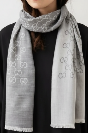 Gucci GG Grey Logo Silk Wool Reversible Scarf 45x180 | Luxury Monogram Scarf