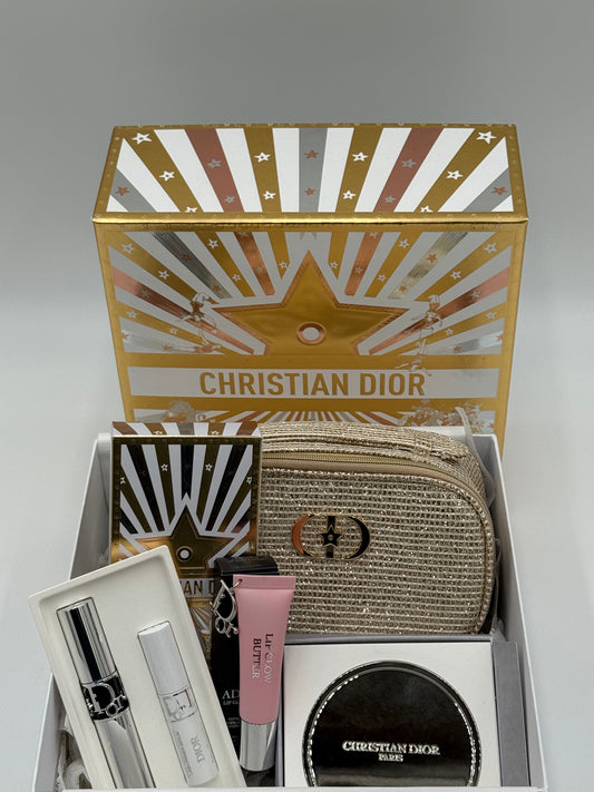 Dior Limited Edition Luxe Gift Box – Lip Glow Butter (Glazed Pink) | Mascara Duo | Gold Pouch | Round Holder