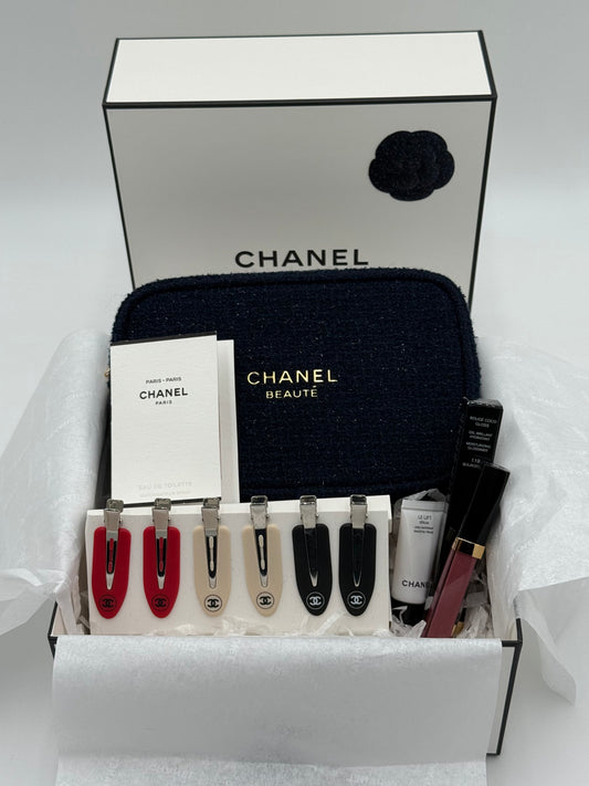 Chanel Limited Edition Luxe Gift Box – Tweed Pouch | Hair Clip Set | Lip Gloss (Bourgeoisie #119) | Fragrance & Beauty Samples