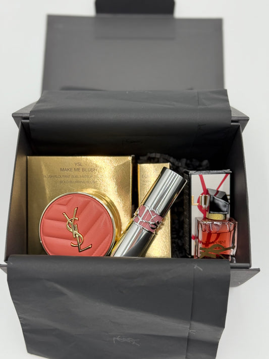YSL Luxe Beauty Gift Box – Peachy Nude Blush | Loveshine Lipstick - Rosewood Blush| Mini Deluxe Fragrance