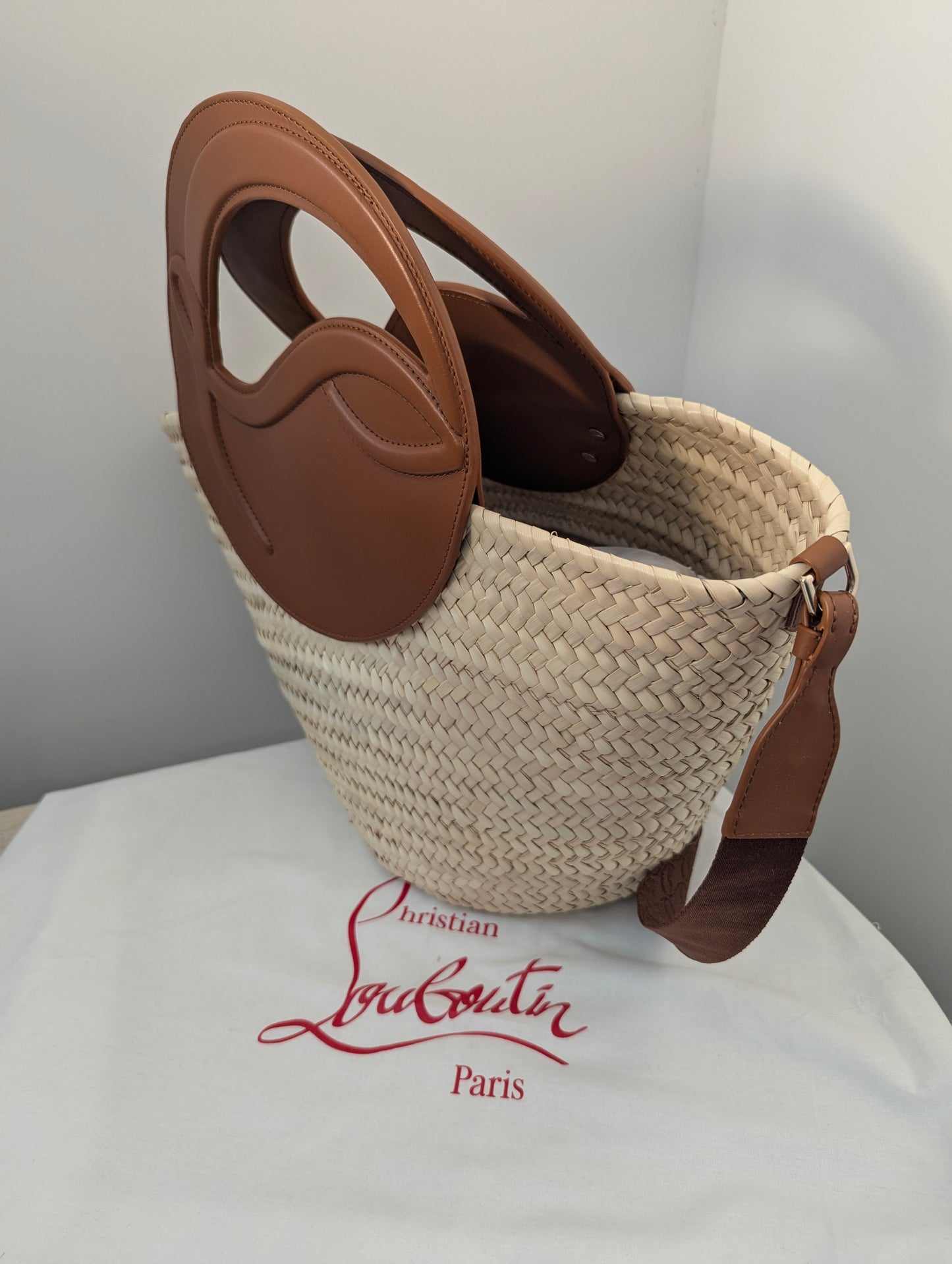 Christian Louboutin small Raffia Tote w/ Brown Handles and Strap