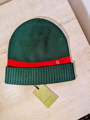 Gucci Green Knit Beanie with Red Stripe