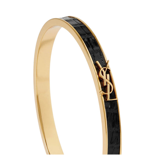 Saint Laurent Cassandre Black Crocodile Embossed Gold Bangle Bracelet – Large