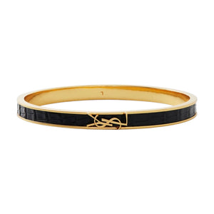 Saint Laurent Cassandre Black Crocodile Embossed Gold Bangle Bracelet – Large
