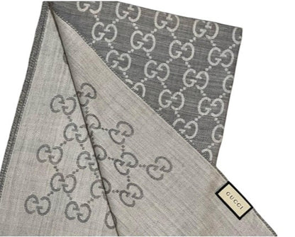 Gucci GG Grey Logo Silk Wool Reversible Scarf 45x180 | Luxury Monogram Scarf