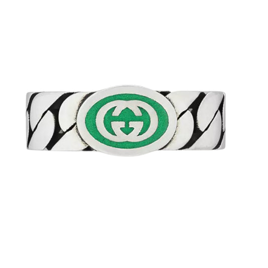Gucci Green Interlocking G Enamel Sterling Silver Ring