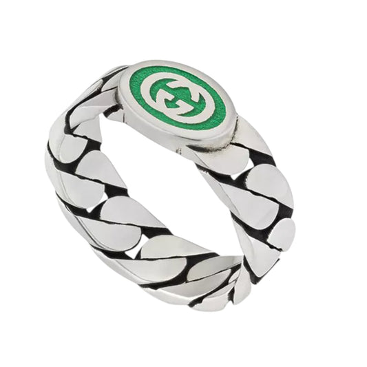 Gucci Green Interlocking G Enamel Sterling Silver Ring
