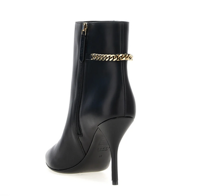 Gucci Signoria Leather Ankle Boots – Black Pointed Toe Stiletto Booties with Gold Logo Detail