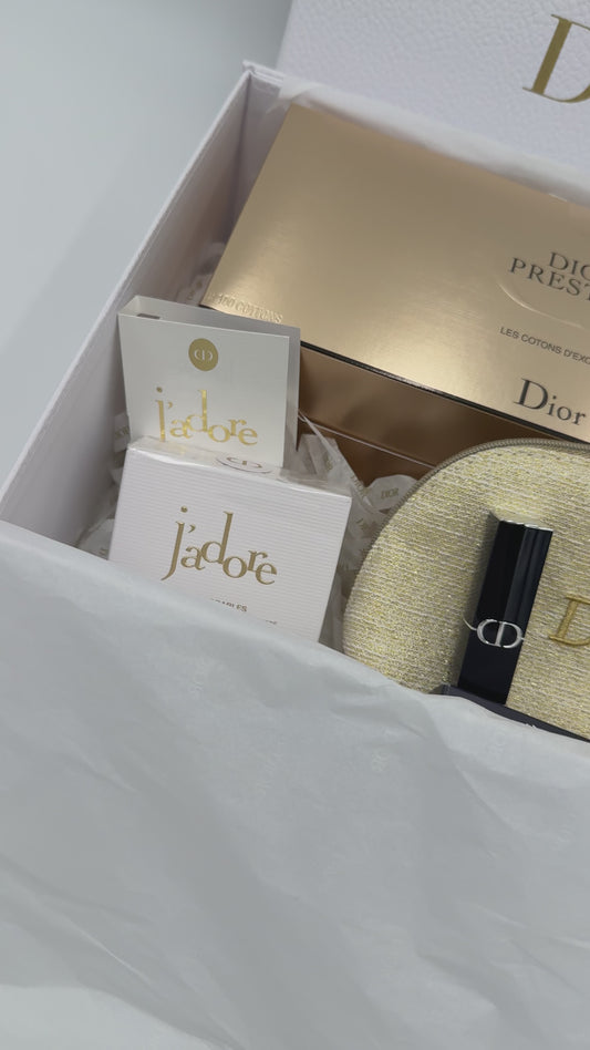 Dior J'adore/Prestige Luxe Gift Box – Cotton Pads | J’adore Cream | Mini Lipstick | Prestige Serum | Limited Edition Gold Pouch